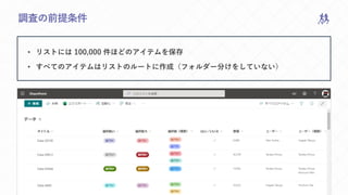 M365VIRTUALMARATHON.COM #M365VM
調査の前提条件
• リストには 100,000 件ほどのアイテムを保存
• すべてのアイテムはリストのルートに作成（フォルダー分けをしていない）
 