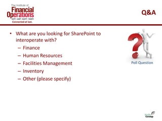 Q&A
 Connected at last.



• What are you looking for SharePoint to
  interoperate with?
   – Finance
   – Human Resources...