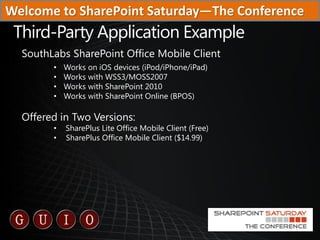 Welcome to SharePoint Saturday—The Conference


        •   Works on iOS devices (iPod/iPhone/iPad)
        •   Works with...