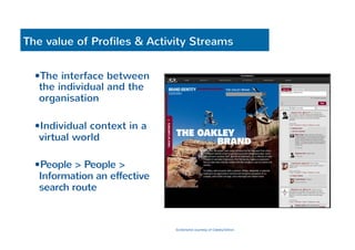 The value of Profiles & Activity Streams 
— The interface between 
the individual and the 
organisation 
— Individual context in a 
virtual world 
— People > People > 
Information an effective 
search route 
Screenshot courtesy of Oakley/Sitrion 
 