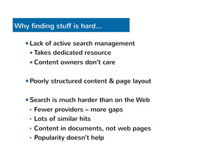 Why finding stuff is hard… 
— Lack of active search management 
— Takes dedicated resource 
— Content owners don’t care 
— Poorly structured content & page layout 
— Search is much harder than on the Web 
• Fewer providers – more gaps 
• Lots of similar hits 
• Content in documents, not web pages 
• Popularity doesn’t help 
 