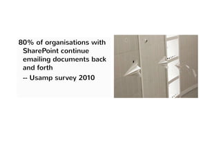 80% of organisations with 
SharePoint continue 
emailing documents back 
and forth 
-- Usamp survey 2010 
 