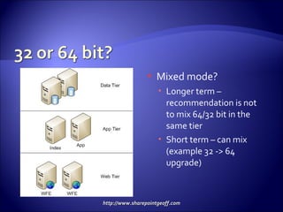 Mixed mode? Longer term – recommendation is not to mix 64/32 bit in the same tier Short term – can mix (example 32 -> 64 upgrade) 
