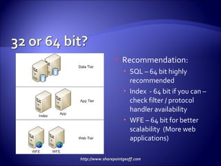 Recommendation: SQL – 64 bit highly recommended Index  - 64 bit if you can – check filter / protocol handler availability WFE – 64 bit for better scalability  (More web applications) 