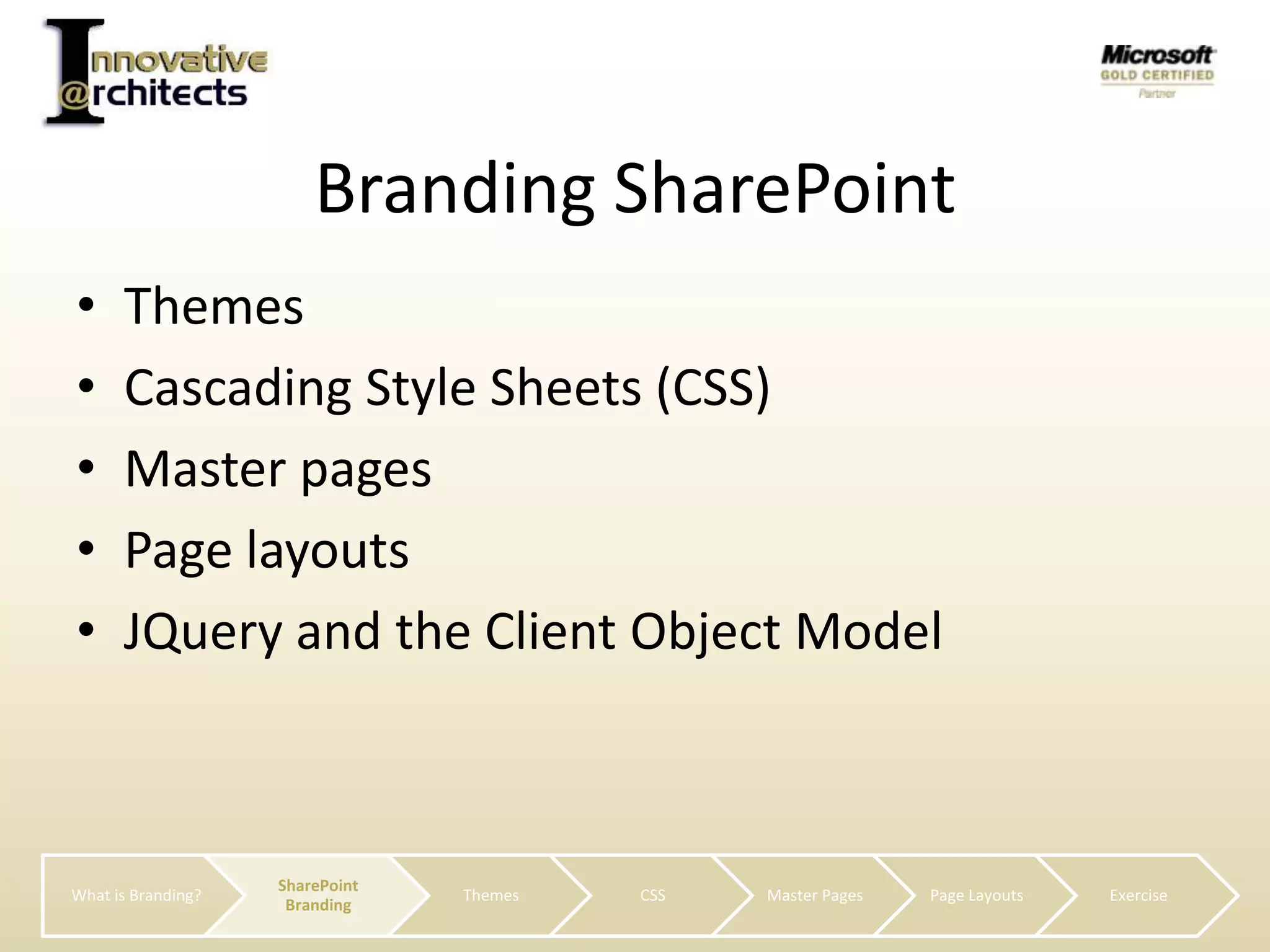 Branding SharePointThemesCascading Style Sheets (CSS)Master pagesPage layoutsJQuery and the Client Object Model