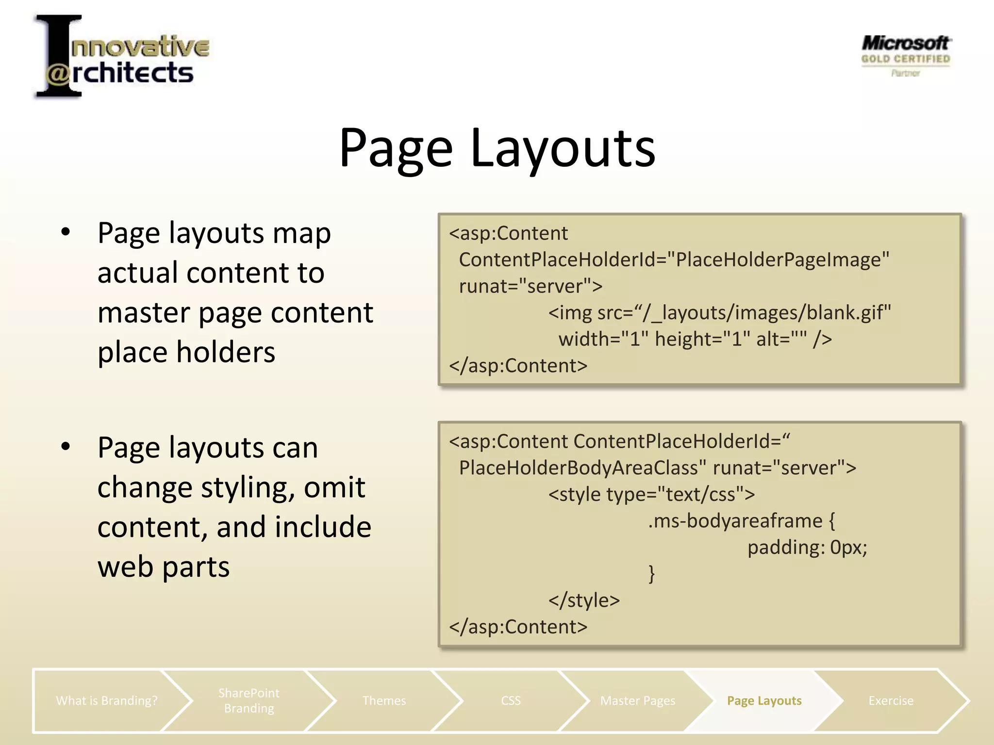 Page layouts map actual content to master page content place holdersPage layouts can change styling, omit content, and include web partsPage Layouts<asp:ContentContentPlaceHolderId="PlaceHolderPageImage" runat="server"><imgsrc=“/_layouts/images/blank.gif"   	  width="1" height="1" alt="" /></asp:Content><asp:ContentContentPlaceHolderId=“PlaceHolderBodyAreaClass" runat="server">	<style type="text/css">	 	.ms-bodyareaframe {		padding: 0px;		}	</style></asp:Content>