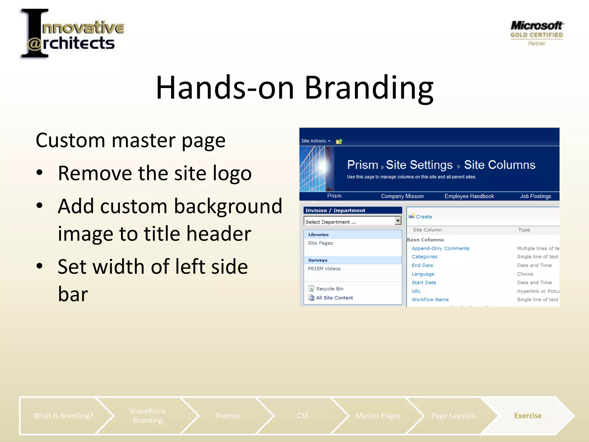 Custom master pageRemove the site logoAdd custom background image to title headerSet width of left side barHands-on Branding
