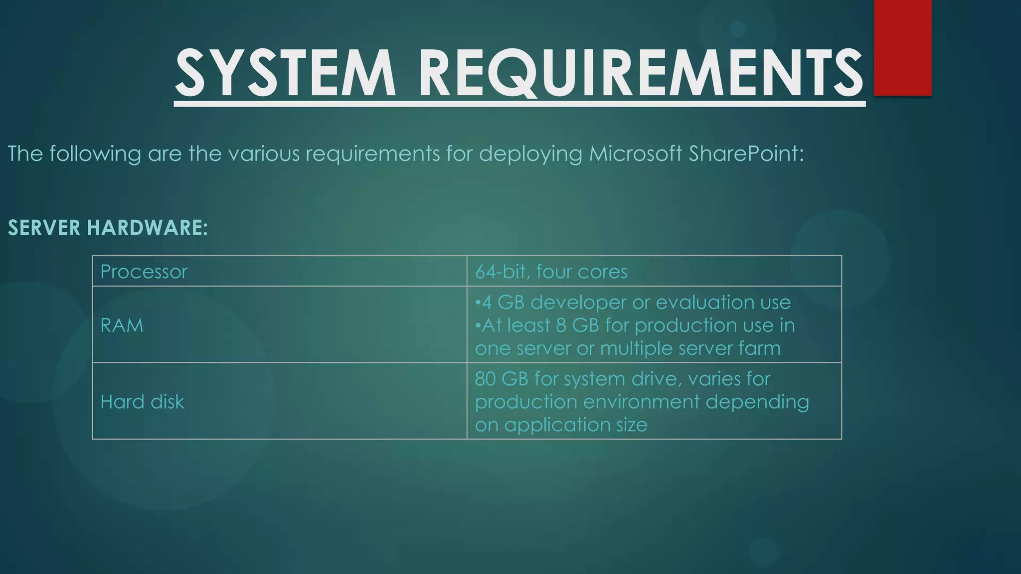 SYSTEM REQUIREMENTS
The following are the various requirements for deploying Microsoft SharePoint:
SERVER HARDWARE:
Processor

64-bit, four cores

RAM

•4 GB developer or evaluation use
•At least 8 GB for production use in
one server or multiple server farm

Hard disk

80 GB for system drive, varies for
production environment depending
on application size

 