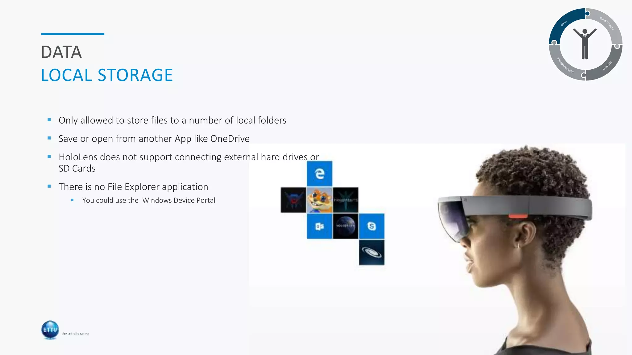 HOLOLENS & CLOUD 41
DATA
LOCAL STORAGE
 Only allowed to store files to a number of local folders
 Save or open from another App like OneDrive
 HoloLens does not support connecting external hard drives or
SD Cards
 There is no File Explorer application
 You could use the Windows Device Portal
 