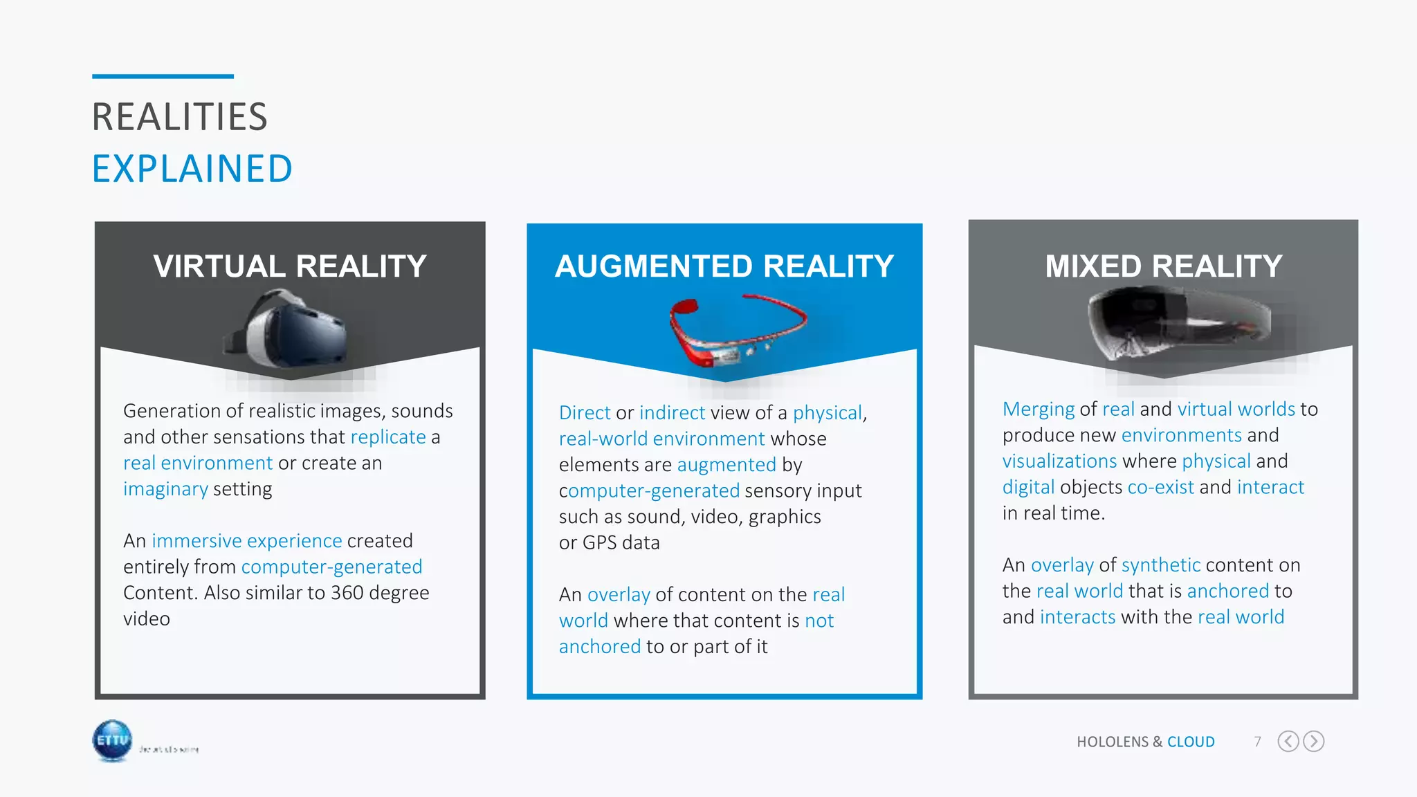 HOLOLENS & CLOUD 7
REALITIES
EXPLAINED
Merging of real and virtual worlds to
produce new environments and
visualizations where physical and
digital objects co-exist and interact
in real time.
An overlay of synthetic content on
the real world that is anchored to
and interacts with the real world
MIXED REALITY
Direct or indirect view of a physical,
real-world environment whose
elements are augmented by
computer-generated sensory input
such as sound, video, graphics
or GPS data
An overlay of content on the real
world where that content is not
anchored to or part of it
AUGMENTED REALITY
Generation of realistic images, sounds
and other sensations that replicate a
real environment or create an
imaginary setting
An immersive experience created
entirely from computer-generated
Content. Also similar to 360 degree
video
VIRTUAL REALITY
 
