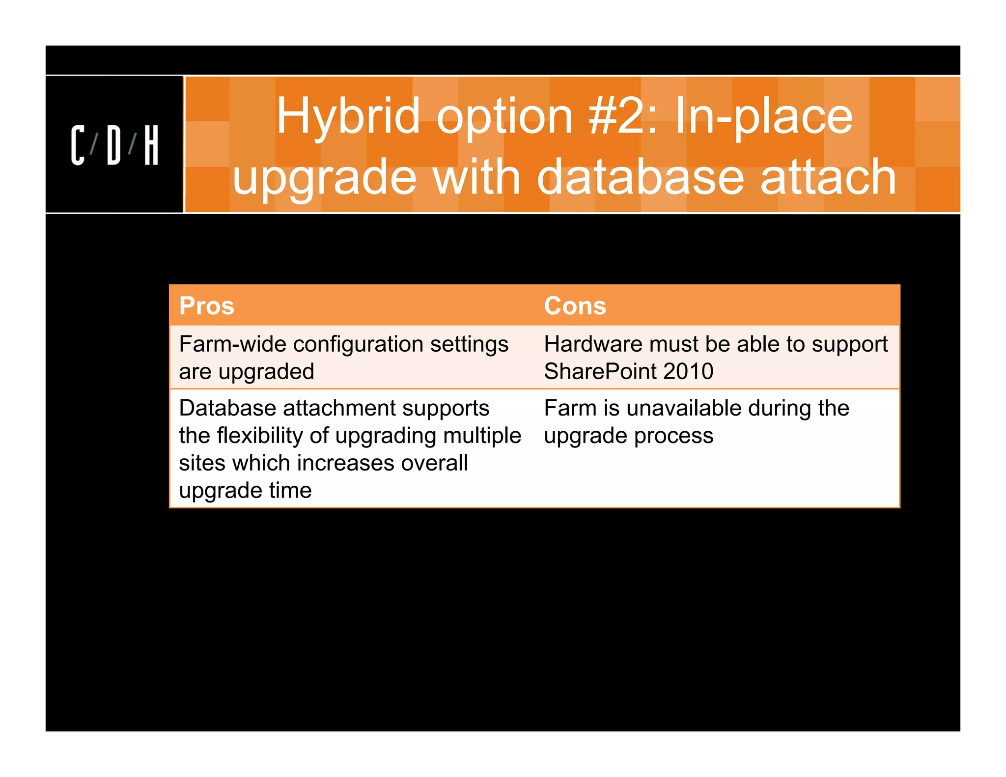 Hybrid option #2: In-place
     upgrade with database attach

Pros                                Cons
Farm-wide configuration settings    Hardware must be able to support
are upgraded                        SharePoint 2010
Database attachment supports          Farm is unavailable during the
the flexibility of upgrading multiple upgrade process
sites which increases overall
upgrade time
 