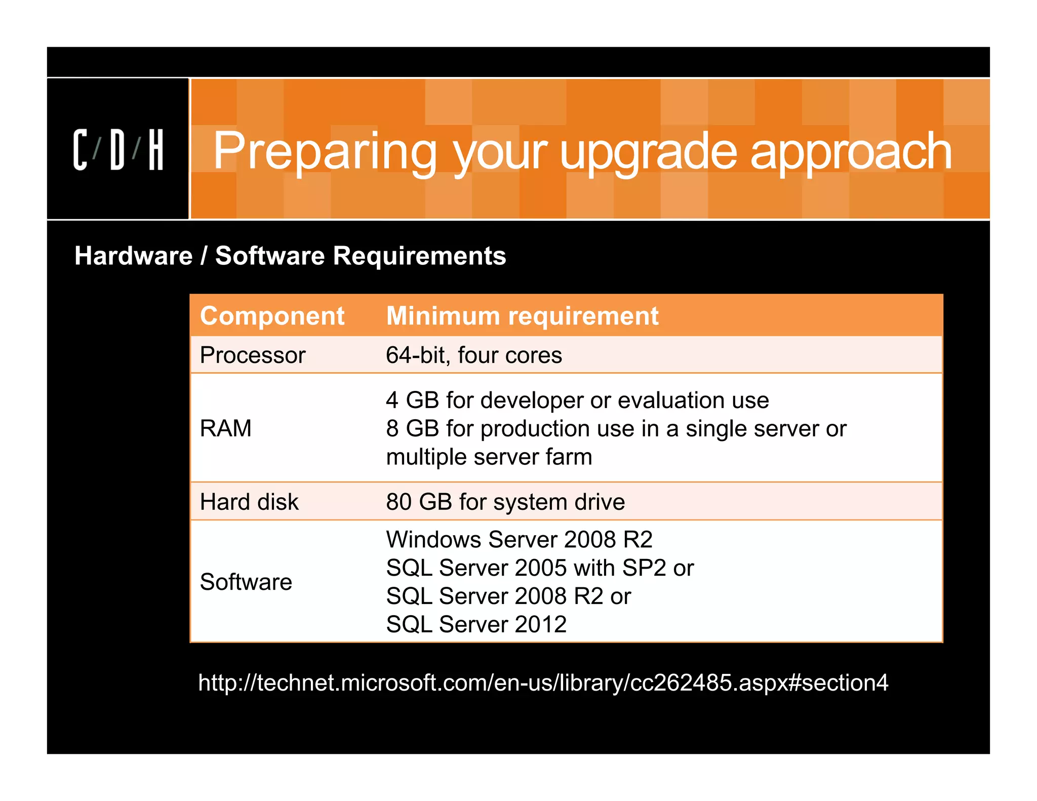 Preparing your upgrade approach
Hardware / Software Requirements

         Component        Minimum requirement
         Processor        64-bit, four cores
                          4 GB for developer or evaluation use
         RAM              8 GB for production use in a single server or
                          multiple server farm
         Hard disk        80 GB for system drive
                          Windows Server 2008 R2
                          SQL Server 2005 with SP2 or
         Software
                          SQL Server 2008 R2 or
                          SQL Server 2012

         http://technet.microsoft.com/en-us/library/cc262485.aspx#section4
 
