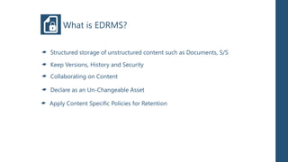 What is EDRMS?

Structured storage of unstructured content such as Documents, S/S

Keep Versions, History and Security
Collaborating on Content

Declare as an Un-Changeable Asset

Apply Content Specific Policies for Retention
 