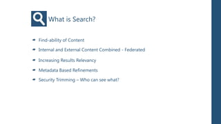 What is Search?

Find-ability of Content

Internal and External Content Combined - Federated

Increasing Results Relevancy

Metadata Based Refinements

Security Trimming – Who can see what?
 