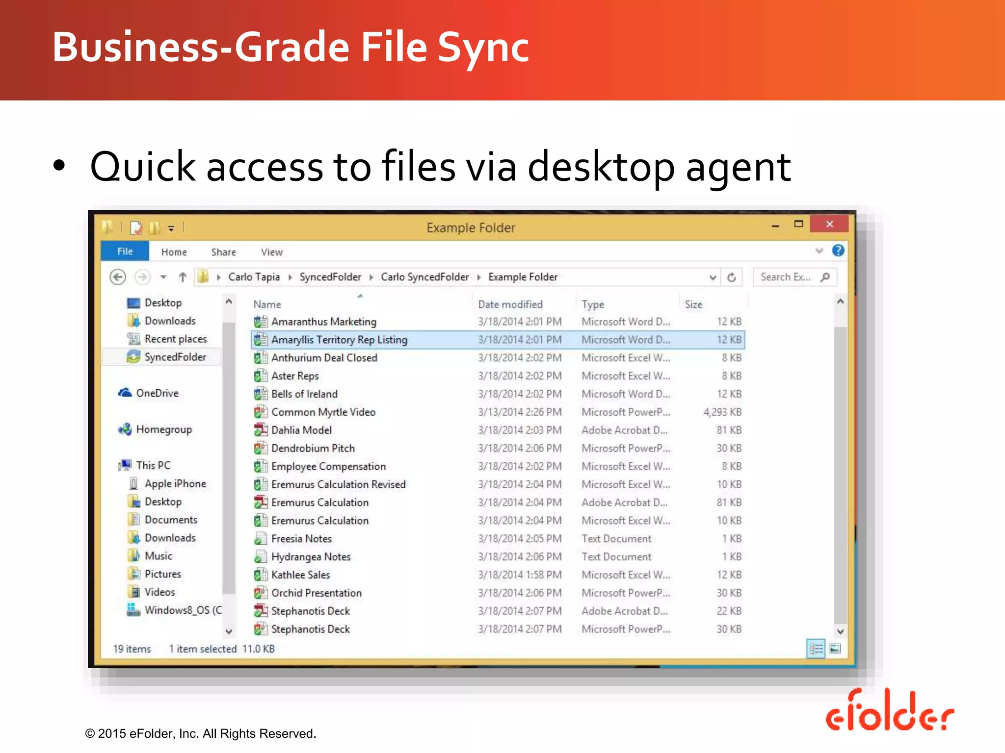 Business-Grade File Sync
• Quick access to files via desktop agent
© 2015 eFolder, Inc. All Rights Reserved.
 