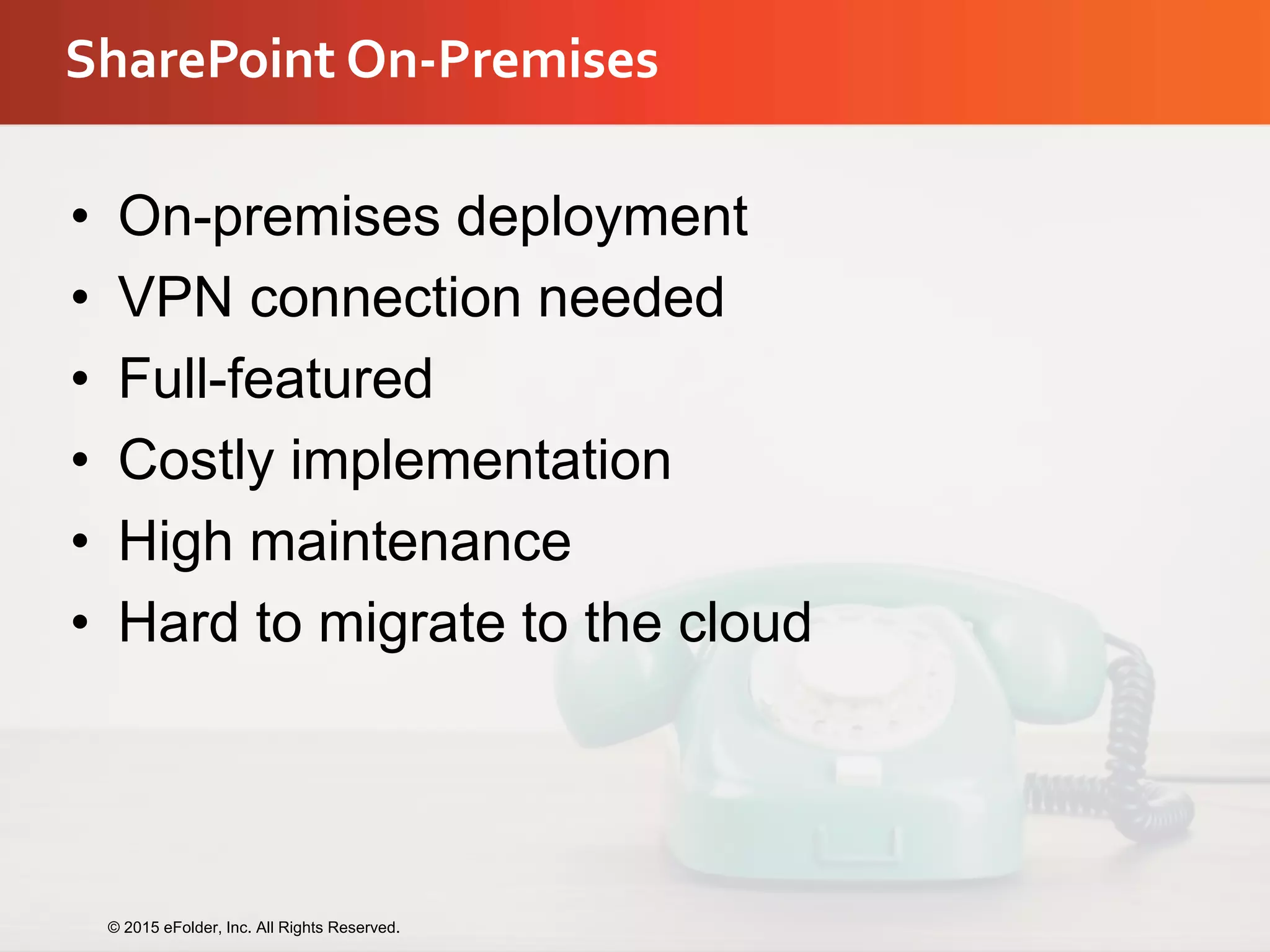 SharePoint On-Premises
• On-premises deployment
• VPN connection needed
• Full-featured
• Costly implementation
• High maintenance
• Hard to migrate to the cloud
© 2015 eFolder, Inc. All Rights Reserved.
 