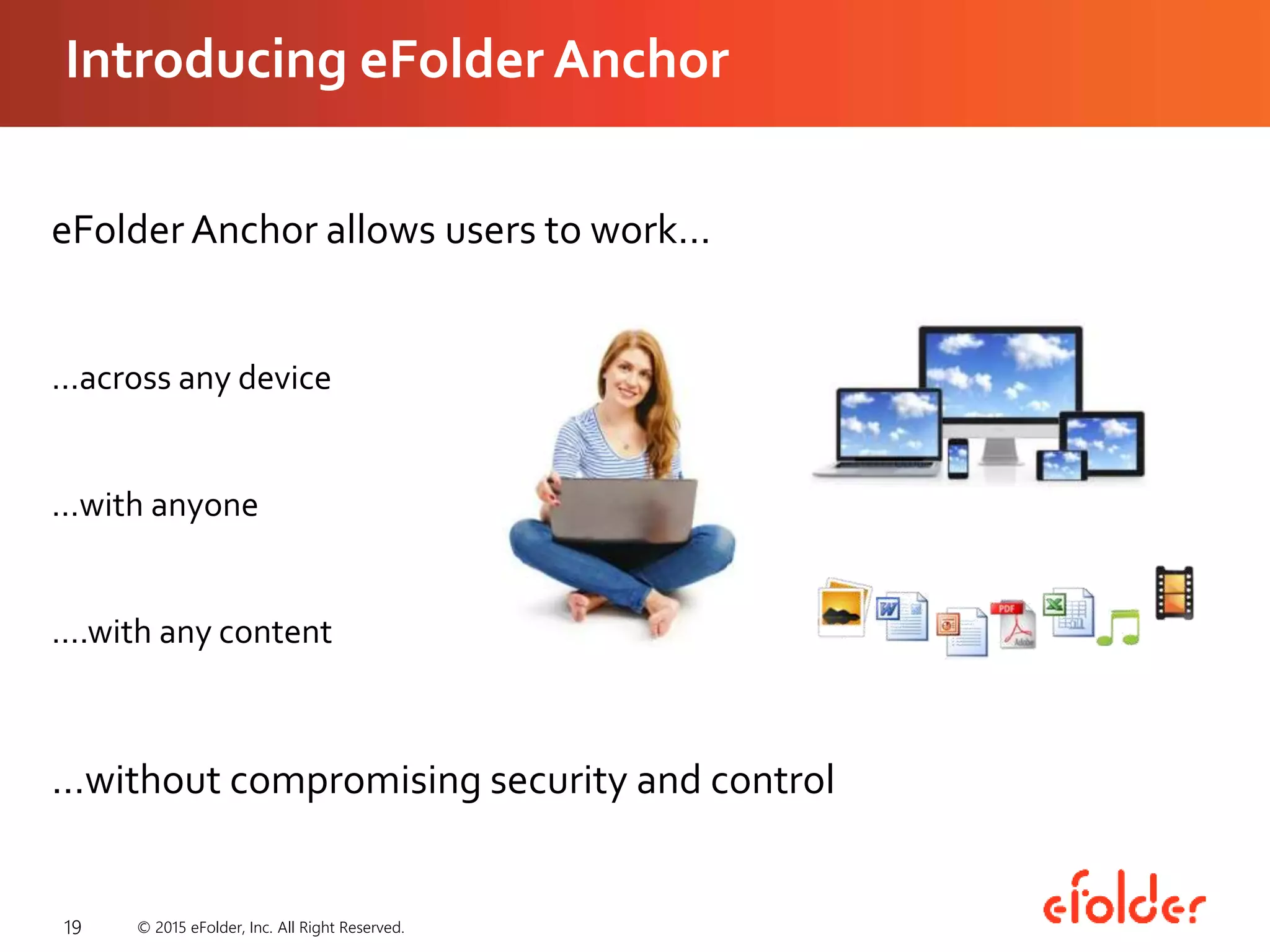 Introducing eFolder Anchor
19
eFolder Anchor allows users to work…
…across any device
…with anyone
….with any content
…without compromising security and control
© 2015 eFolder, Inc. All Right Reserved.
 