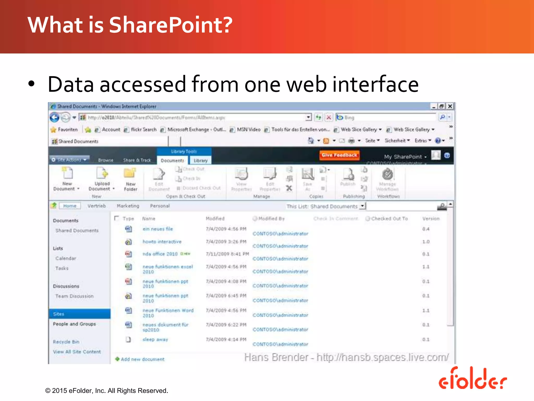 What is SharePoint?
• Data accessed from one web interface
© 2015 eFolder, Inc. All Rights Reserved.
 