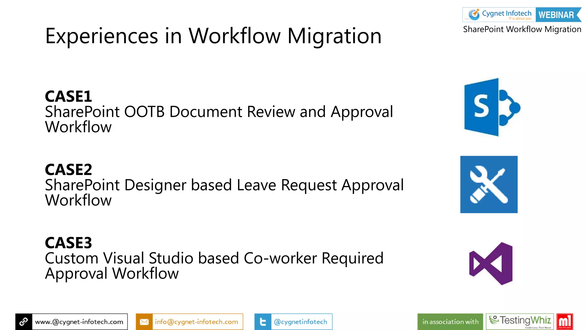CASE1
SharePoint OOTB Document Review and Approval
Workflow
CASE2
SharePoint Designer based Leave Request Approval
Workflow
CASE3
Custom Visual Studio based Co-worker Required
Approval Workflow
Experiences in Workflow Migration
SharePoint Workflow Migration
 