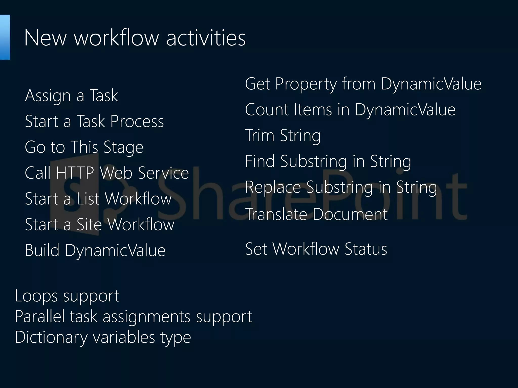 Assign a Task
Start a Task Process
Go to This Stage
Call HTTP Web Service
Start a List Workflow
Start a Site Workflow
Build DynamicValue
New workflow activities
Get Property from DynamicValue
Count Items in DynamicValue
Trim String
Find Substring in String
Replace Substring in String
Translate Document
Set Workflow Status
Loops support
Parallel task assignments support
Dictionary variables type
 
