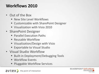 Workflows 2010
• Out of the Box
    New Site Level Workflows
    Customizable with SharePoint Designer
    Visualization with Visio 2010
• SharePoint Designer
      Parallel Execution Paths
      Reusable Workflow
      Visualization/Design with Visio
      Exportable to Visual Studio
• Visual Studio Workflow
    Built-in Deployment/Debugging Tools
    Workflow Events
    Pluggable Workflow Services
 