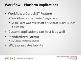 Workflow – Platform Implications

• Workflow a Core .NET Feature
     Workflow can be ‘hosted’ anywhere
     SharePoint was Microsoft’s first host (CRM 4 uses
      it now too)
• Custom applications can host it as well
• Standardized Format
     XML based file format (XOML)

• Widespread Availability
 