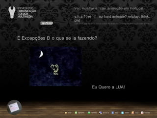 …  Excepções – o que se ia fazendo? Eu Quero a LUA! agempTIC twitter Netvibes Diigo del.icio.us email YouTube Ver, mostrar e fazer animação em Portugal s.h.a.?(re)  |  so hard animate? re(play, think, ply) … em Portugal, do s.h.a.(re) ao conceito share no Cinema de Animação com a Web 2.0 issuu 
