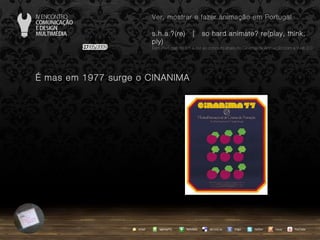 …  mas em 1977 surge o CINANIMA agempTIC twitter Netvibes Diigo del.icio.us email YouTube Ver, mostrar e fazer animação em Portugal s.h.a.?(re)  |  so hard animate? re(play, think, ply) … em Portugal, do s.h.a.(re) ao conceito share no Cinema de Animação com a Web 2.0 issuu 