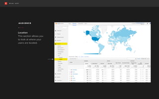 Location
This section allows you
to look at where your
users are located.
A U D I E N C E
• • •
 