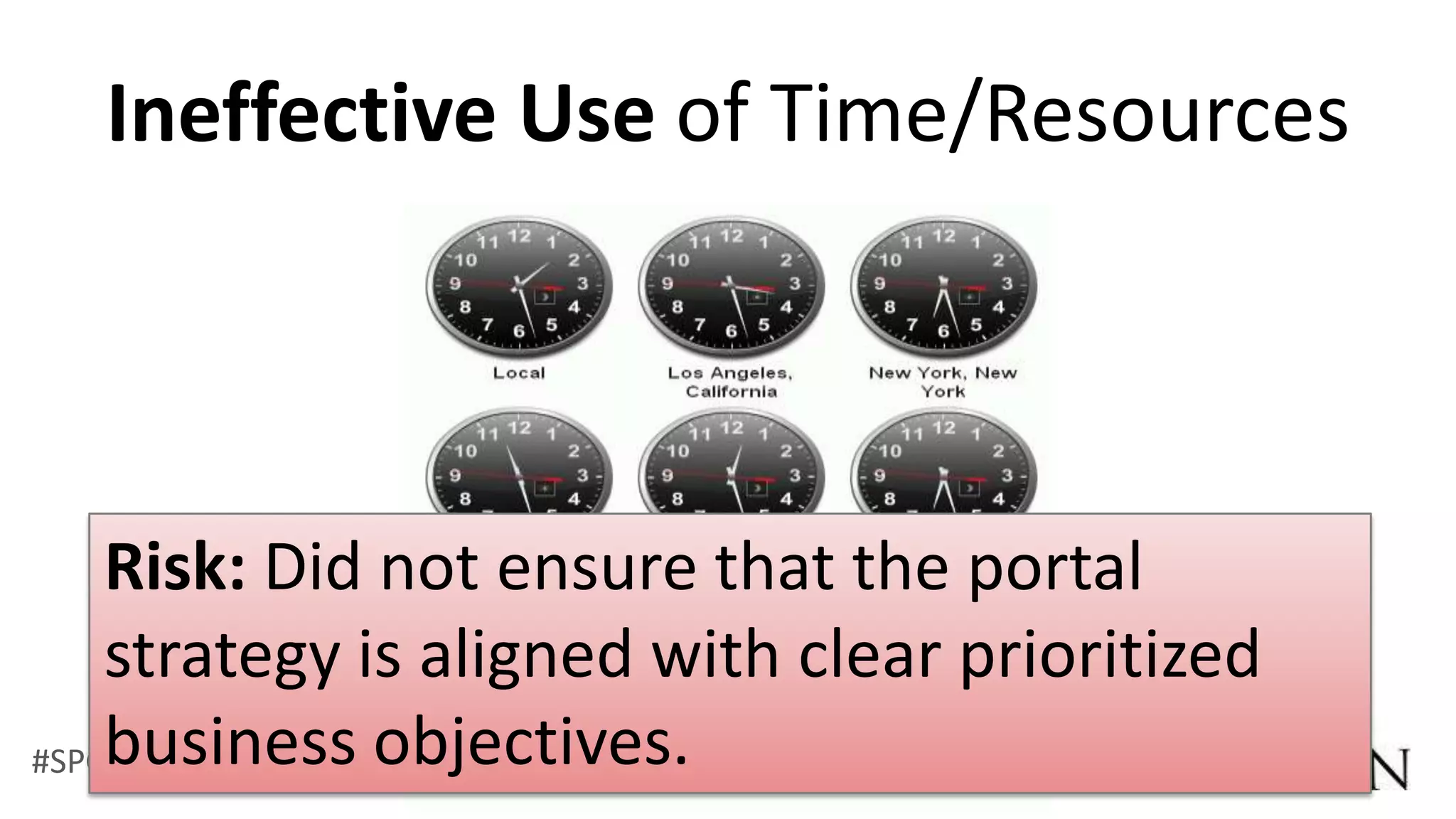 Ineffective Use of Time/Resources




    Risk: Did not ensure that the portal
    strategy is aligned with clear prioritized
#SPGov @RHarbridge objectives.
    business
 