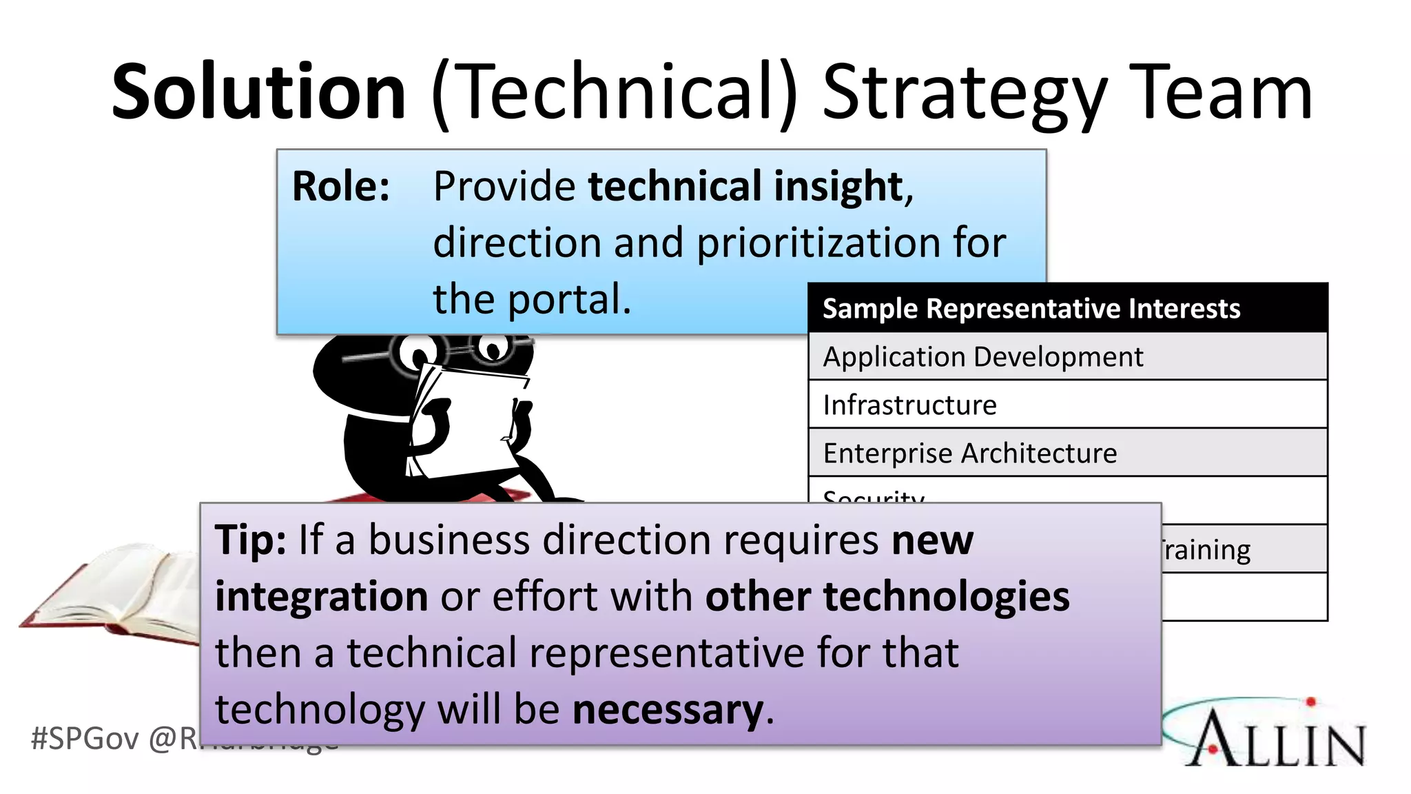Solution (Technical) Strategy Team
               Role: Provide technical insight,
                     direction and prioritization for
                     the portal.           Sample Representative Interests
                                                Application Development
                                                Infrastructure
                                                Enterprise Architecture
                                                Security
          Tip: If a business direction requires new
                                            People Development and Training
          integration or effort with other technologies
                                            Communications
          then a technical representative for that
          technology will be necessary.
#SPGov @RHarbridge
 