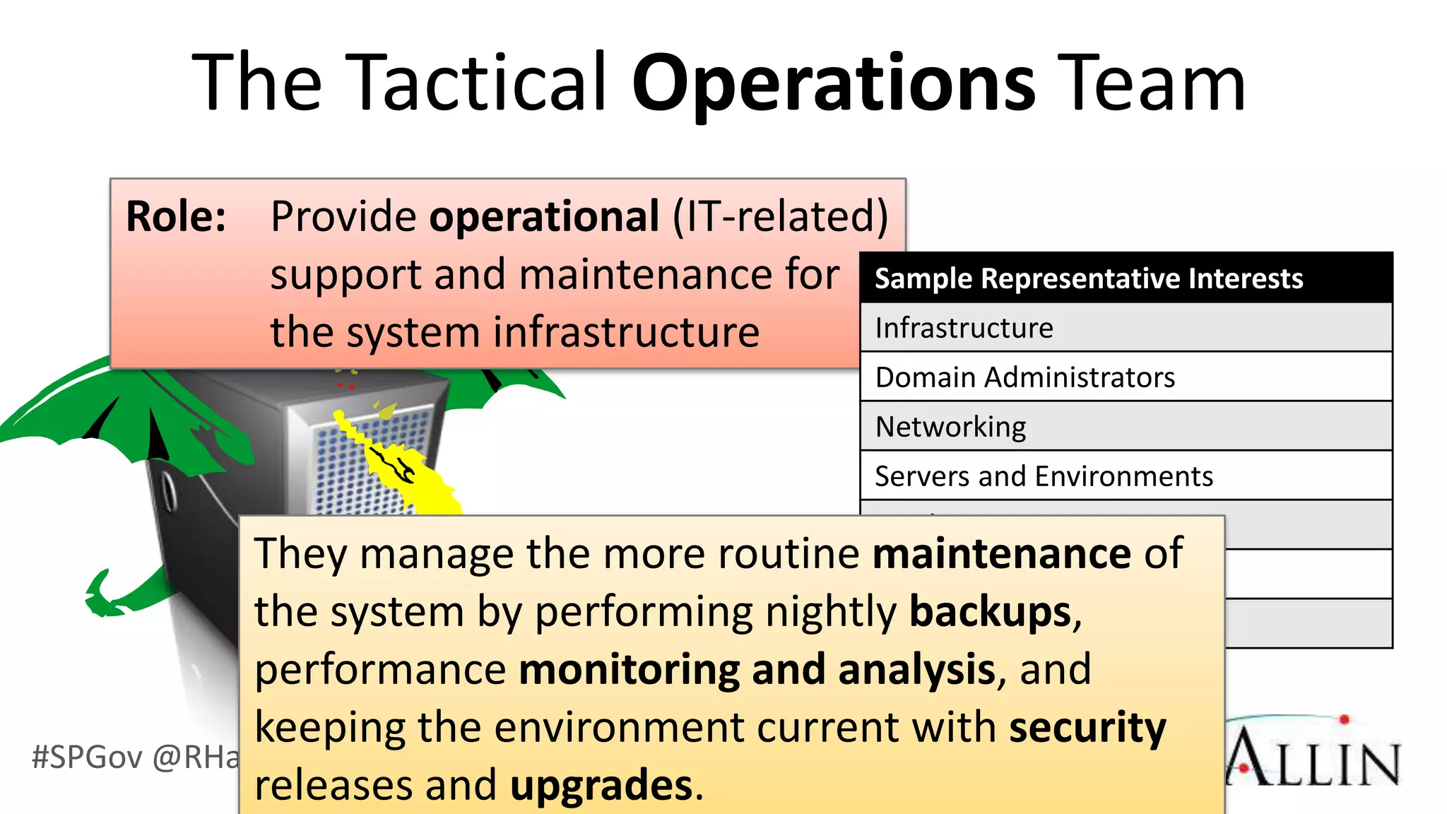 The Tactical Operations Team
    Role: Provide operational (IT-related)
          support and maintenance for Sample Representative Interests
          the system infrastructure      Infrastructure
                                             Domain Administrators
                                             Networking
                                             Servers and Environments
                                             Quality Assurance
            They manage the more routine maintenance of
                                           Security
            the system by performing nightly backups,
                                           Databases
            performance monitoring and analysis, and
            keeping the environment current with security
#SPGov @RHarbridge
            releases and upgrades.
 