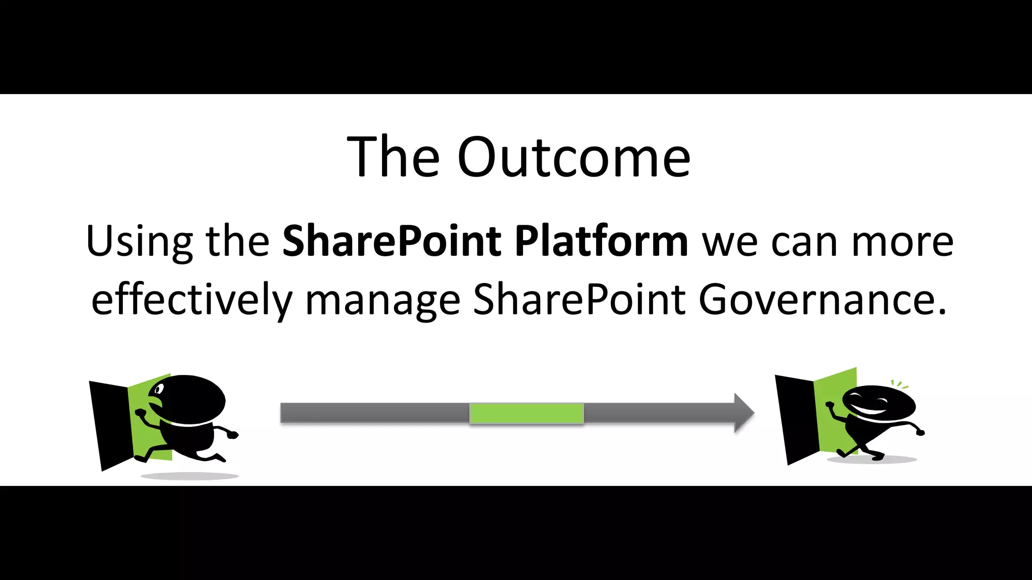 The Outcome
    Using the SharePoint Platform we can more
    effectively manage SharePoint Governance.



#SPGov @RHarbridge
 