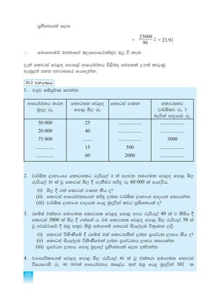 10
	 m%;sY;hla f,i
								=
96
23000
= 23.9]]
... 	 fudfyduâ uy;df.a n,dfmdfrd;a;=j bgq ù ke;'
oeka fldgia fj<`o fmdf<a wdfhdackh ms<sn`o fuf;la W.;a lreKq	
we;=<;a my; wNHdifha fhfokak'
10'2 wNHdih
1.	 j.=j iïmQ¾K lrkak'
wdfhdackh lrk
uqo, re'
fldgil fj<`o
fmd< ñ, re'
fldgia .Kk fldgilg
jd¾Islj re' 3
ne.ska wdodhu re'
50 000
20 000
75 000
..............
..............
25
40
.......
15
60
..................
..................
..................
500
2000
...................
...................
3000
...................
...................
2.	 jd¾Isl ,dNdxYh fldgilg remsh,a 4 la f.jk iud.ul fj<`o fmd< ñ,
remsh,a 30 la jQ fldgia ñ, § .ekSug ;ß`ÿ re 60 000 la fhoùh'
	(i)	ñ, § .;a fldgia .Kk lSh o@
	(ii)	fldgia wdfhdackfhka ;ß`ÿ ,nk jd¾Isl ,dNdxY wdodhu fidhkak'
	(iii)	jd¾Isl ,dNdxY wdodhu fh¥ uqo,ska ljr m%;sY;hla o@
3.	 rfïIa tla;rd iud.ul fldgil fj<`o fmd< w.h remsh,a 40 la j ;sìh §
fldgia 5000 la ñ, § .;af;A h' tu fldgil fj<`o fmd< ñ, remsh,a 50 la
jQ wjia:dfõ § Tyq i;=j ;snQ iud.fï fldgia ish,a,u úl=Kk ,È'
	(i)	fldgia úlsKSfï § rfïIa tla fldgilska ,nk m%d.aOk ,dNh lSh o@
	(ii)	fldgia ish,a,u úlsKSfuka ,nk m%d.aOkh ,dNh fidhkak'
	(iii)	m%d.aOk ,dNh" fmdÿ uqof,a m%;sY;hla f,i olajkak'
4.	 jHdmdßlfhla fj<`o fmd< ñ, remsh,a 40 la jQ tla;rd iud.ul fldgia
úIhfhys re' 40 000la wdfhdackh lf<ah' bka Tyq fh¥ uqo,ska 10] l
 