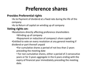Preference shares
Provides Preferential rights
•As to Payment of dividend at a fixed rate during the life of the
company
•As to Return of capital on winding up of company

Voting rights on:
•Resolutions directly affecting preference shareholders
•Winding up of company
•Repayment or reduction of company’s share capital
•Entitled to vote on every resolution at any general meeting if
dividend or part thereof unpaid
•For cumulative shares a period of not less than 2 years
preceding the meeting date
• For non cumulative shares, either a period of 2 consecutive
years or for 3 years aggregate in the 6 years ending with the
expiry of financial year immediately preceding the meeting
date.

 