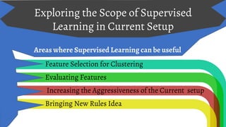 Exploring the Scope of Supervised
Learning in Current Setup
Areas where Supervised Learning can be useful
Feature Selection for Clustering
Evaluating Features
Increasing the Aggressiveness of the Current setup
Bringing New Rules Idea
 