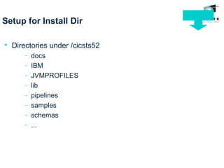 Setup for Install Dir

Directories under /cicsts52
− docs
− IBM
− JVMPROFILES
− lib
− pipelines
− samples
− schemas
− ...
 