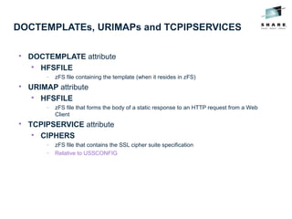 DOCTEMPLATEs, URIMAPs and TCPIPSERVICES

DOCTEMPLATE attribute

HFSFILE
− zFS file containing the template (when it resides in zFS)

URIMAP attribute

HFSFILE
− zFS file that forms the body of a static response to an HTTP request from a Web
Client

TCPIPSERVICE attribute

CIPHERS
− zFS file that contains the SSL cipher suite specification
− Relative to USSCONFIG
 