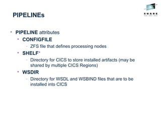 PIPELINEs

PIPELINE attributes

CONFIGFILE
− ZFS file that defines processing nodes

SHELF*
− Directory for CICS to store installed artifacts (may be
shared by multiple CICS Regions)

WSDIR
− Directory for WSDL and WSBIND files that are to be
installed into CICS
 