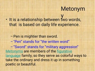 Metonym
y
•
–
–
–
It is a relationship between two words,
that is based on daily life experience.
Pen is mightier than sword.
"Pen” stands for “the written word”
“Sword” stands for “military aggression”
Metonyms are members of the ﬁgurative
language family, so they serve as colorful ways to
take the ordinary and dress it up in something
poetic or beautiful.
 