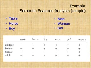 Example
Semantic Features Analysis (simple)
•
•
•
Table
Horse
Boy
•
•
•
Man
Woman
Girl
 