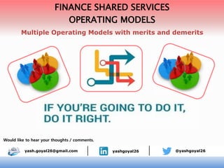 Would like to hear your thoughts / comments.
yash.goyal26@gmail.com yashgoyal26 @yashgoyal26
FINANCE SHARED SERVICES
OPERATING MODELS
Multiple Operating Models with merits and demerits
 