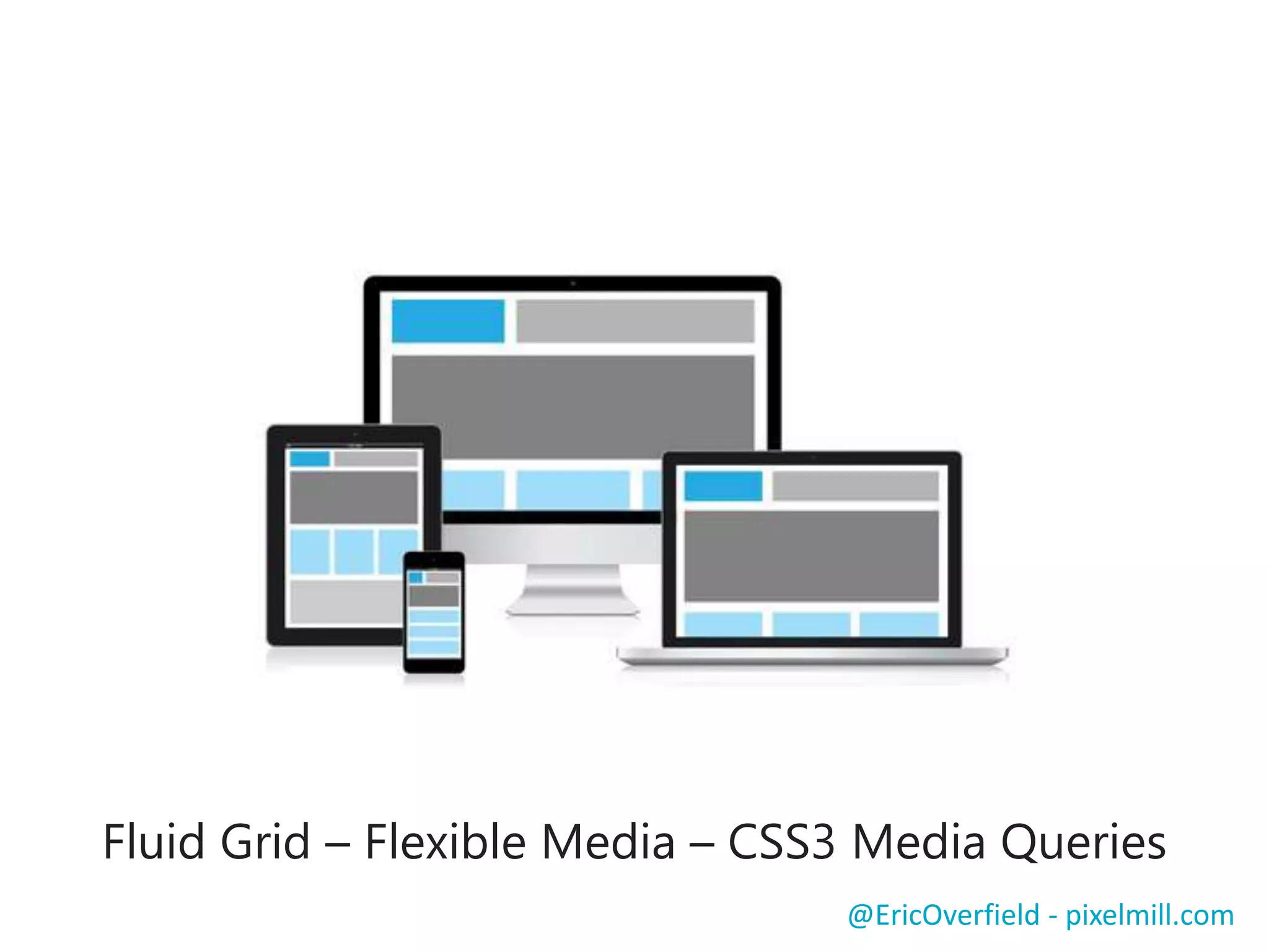 Push NotificationsLet’s See a ComparisonCSS3 Media Queries
@EricOverfield - pixelmill.com
Load a stylesheet in HTML:
<link rel=“stylesheet” type=“text/css” href=“css/styles.css”
media=“screen and (min-width: 768px)” />
Code Alert!
Media Queries in a Stylesheet
@media screen and (min-width: 768px) {
#banner {
display: block;
}
}
 