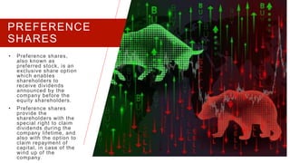 PREFERENCE
SHARES
• Preference shares,
also known as
preferred stock, is an
exclusive share option
which enables
shareholders to
receive dividends
announced by the
company before the
equity shareholders.
• Preference shares
provide the
shareholders with the
special right to claim
dividends during the
company lifetime, and
also with the option to
claim repayment of
capital, in case of the
wind up of the
company.
PRESENTATION TITLE 7
 
