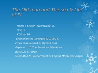 Name : Sheikh Nusratjaha R.
Sem:3
R0ll no:26
Enrollment no:2069108420180047
Email id:nususheikh1@gmail.com
Paper no: 10 The American Literature
Batch:2017-2019
Submitted to: Department of English MKBU Bhavnagar
 