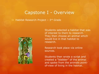 Capstone I - Overview
 Habitat Research Project – 3rd Grade



                         Students selected a habitat that was
                         of interest to them to research.
                         They then choose an animal which
                         would live in that habitat to
                         research.

                         Research took place via online
                         sources.

                         Students then wrote a script and
                         created a “blabber” of the animal
                         and spoke from the animals point-
                         of-view of living in the habitat.
 
