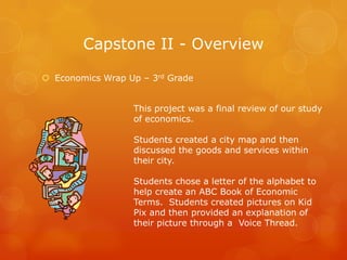 Capstone II - Overview

 Economics Wrap Up – 3rd Grade


                  This project was a final review of our study
                  of economics.

                  Students created a city map and then
                  discussed the goods and services within
                  their city.

                  Students chose a letter of the alphabet to
                  help create an ABC Book of Economic
                  Terms. Students created pictures on Kid
                  Pix and then provided an explanation of
                  their picture through a Voice Thread.
 