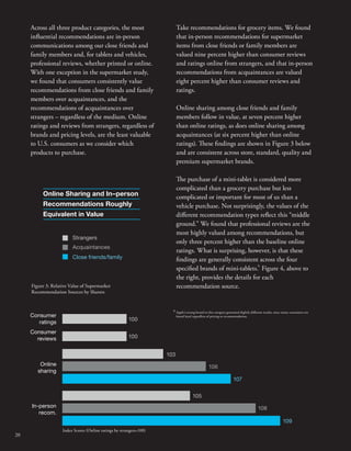 Across all three product categories, the most 
inuential recommendations are in-person 
communications among our close friends and 
family members and, for tablets and vehicles, 
professional reviews, whether printed or online. 
With one exception in the supermarket study, 
we found that consumers consistently value 
recommendations from close friends and family 
members over acquaintances, and the 
recommendations of acquaintances over 
strangers – regardless of the medium. Online 
ratings and reviews from strangers, regardless of 
brands and pricing levels, are the least valuable 
to U.S. consumers as we consider which 
products to purchase. 
Online Sharing and In–person 
Recommendations Roughly 
Equivalent in Value 
100 
100 
103 
105 
106 
108 
107 
109 
Consumer 
ratings 
Consumer 
reviews 
Online 
sharing 
In-person 
recom. 
Strangers 
Acquaintances 
Close friends/family 
Figure 3: Relative Value of Supermarket 
Recommendation Sources by Sharers 
Index Scores (Online ratings by strangers=100) 
Take recommendations for grocery items. We found 
that in-person recommendations for supermarket 
items from close friends or family members are 
valued nine percent higher than consumer reviews 
and ratings online from strangers, and that in-person 
recommendations from acquaintances are valued 
eight percent higher than consumer reviews and 
ratings. 
Online sharing among close friends and family 
members follow in value, at seven percent higher 
than online ratings, as does online sharing among 
acquaintances (at six percent higher than online 
ratings). ese ndings are shown in Figure 3 below 
and are consistent across store, standard, quality and 
premium supermarket brands. 
e purchase of a mini-tablet is considered more 
complicated than a grocery purchase but less 
complicated or important for most of us than a 
vehicle purchase. Not surprisingly, the values of the 
dierent recommendation types reect this “middle 
ground.” We found that professional reviews are the 
most highly valued among recommendations, but 
only three percent higher than the baseline online 
ratings. What is surprising, however, is that these 
ndings are generally consistent across the four 
specied brands of mini-tablets. 6 
Figure 4, above to 
the right, provides the details for each 
recommendation source. 
6 Apple’s strong brand in this category generated slightly dierent results, since many consumers are 
brand loyal regardless of pricing or recommendation. 
20 
 