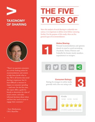 TAXONOMY 
OF SHARING 
“ere’s no question consumers 
are actively looking online for 
recommendations and content 
to help them decide what to 
buy. We’ve all known that social 
sharing is important, but it’s 
been dicult to measure its 
impact on consumer spending 
-- until now. For the rst time, 
this report oers a guide for 
brands to determine the value of 
social content, and make 
informed decisions about where 
and how they need to invest to 
engage their customers.” 
- Kurt Abrahamson, 
CEO, Shareis 
Since the analysis of social sharing is a relatively new 
science, it is important to dene terms before venturing 
further. For the purpose of this study, there are ve 
general types of recommendations: 
Online Sharing: 
Personal recommendations and opinions 
shared via email or social networking 
(Facebook, Twitter, Pinterest and 
LinkedIn) by friends, family members, 
acquaintances or strangers. 
Consumer Ratings: 
1 
Ratings by strangers in online media 
generally with a ve-star rating scale. 
3 
V 
THE FIVE 
TYPES OF 
Kindle 
16GB 32GB 64GB 
(10,000 customer reviews) 
6 
 