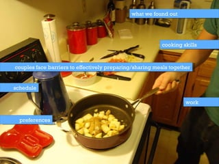 what we found out couples face barriers to effectively preparing/sharing meals together  work schedule cooking skills preferences 